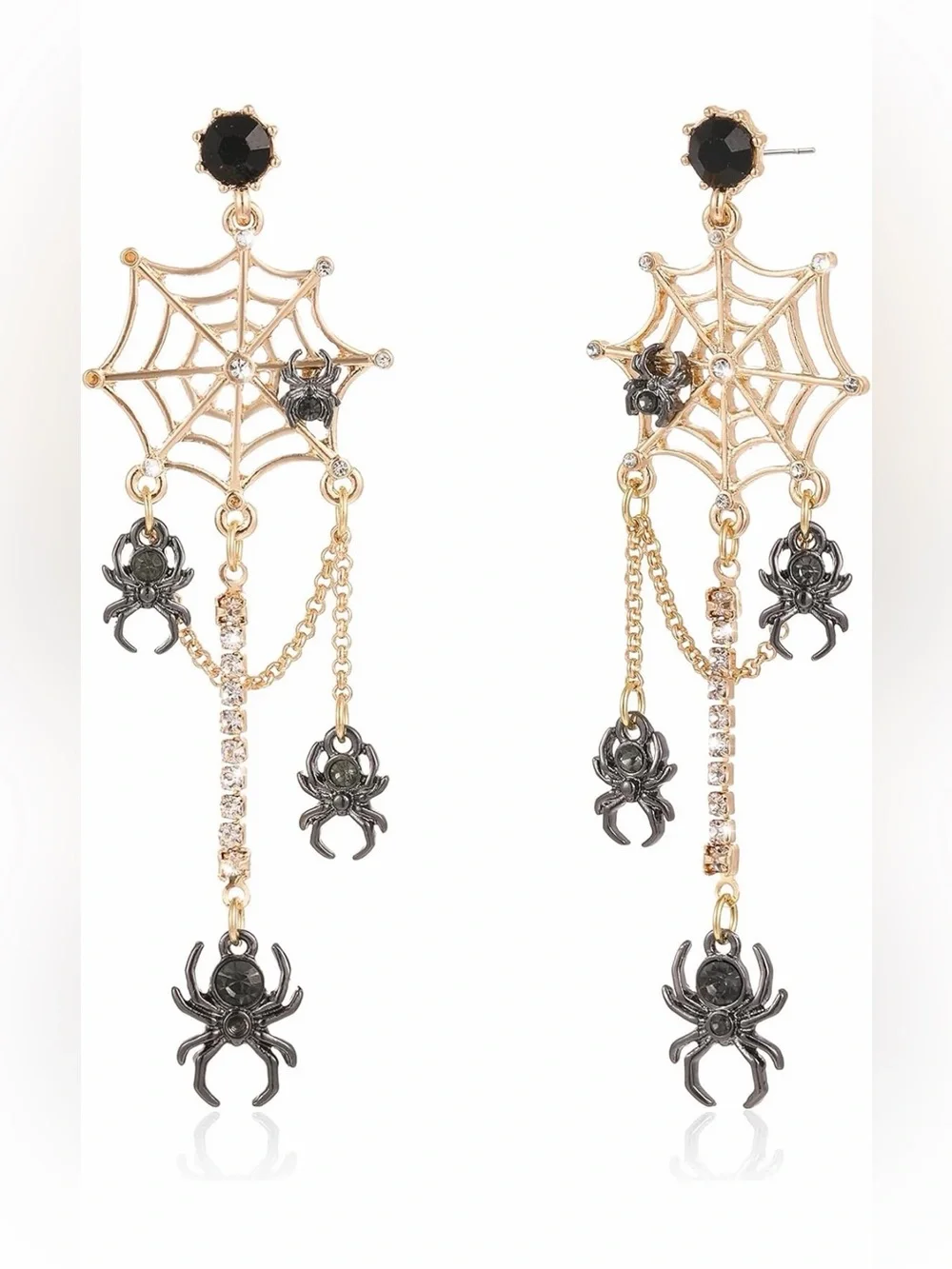 Gold Spiderweb Dangle Earrings with Black Accents